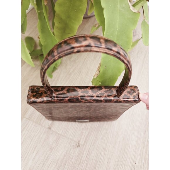 Escada Leopard Animal Print Brown Patent Leather Handle Hand Mini Bag Purse - Picture 3 of 11